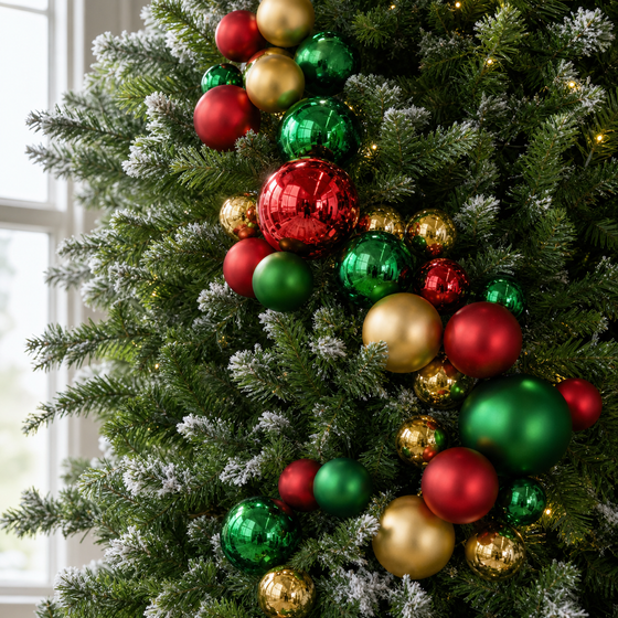 4 FT Red, Gold, & Green Shiny & Matte Ball Garland