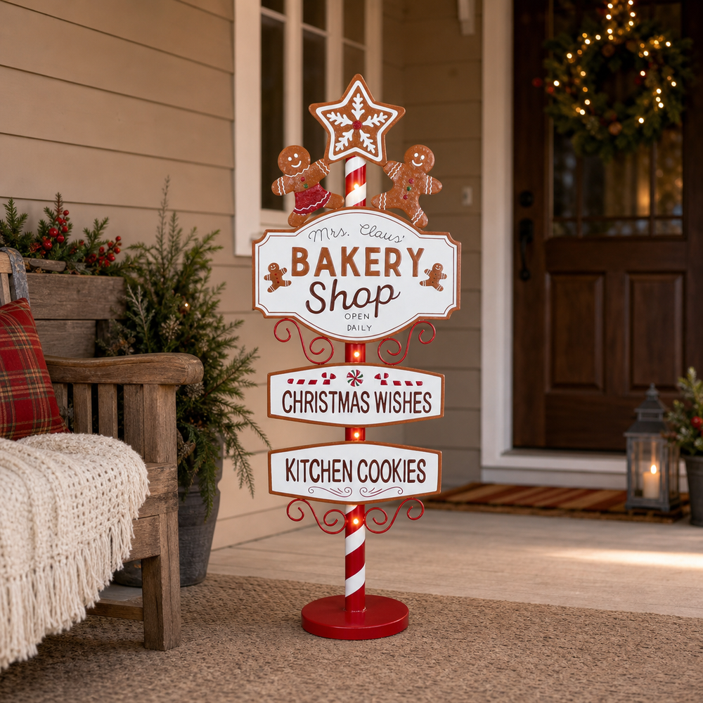 3.5 FT Gingerbread Bakery Shop Metal Sign With Battery Operated LED Lights