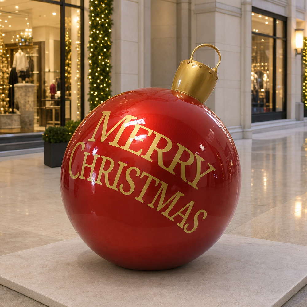 Red Christmas ornament with 'Merry Christmas' text on a white background