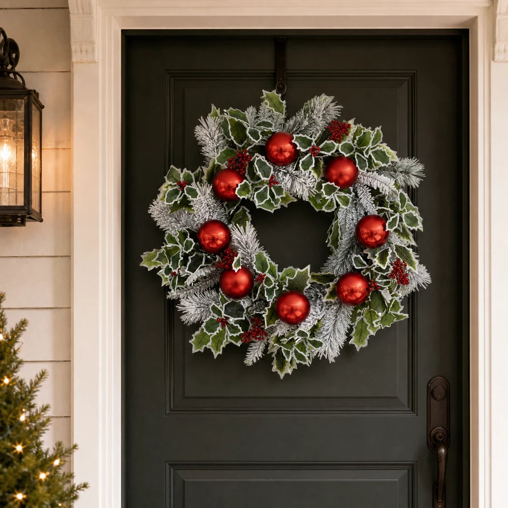 24" Snowy Holly Red Ornament Wreath