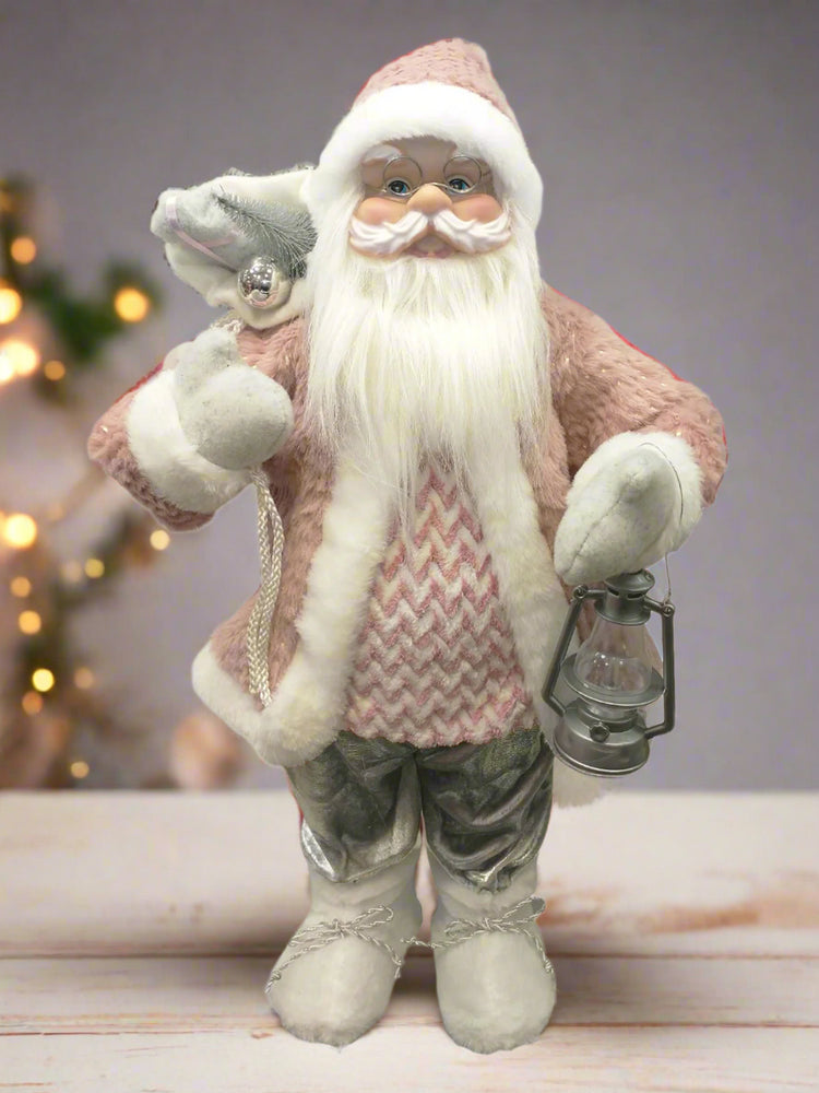 24" Pink & Grey Santa With A Lantern & Gifts
