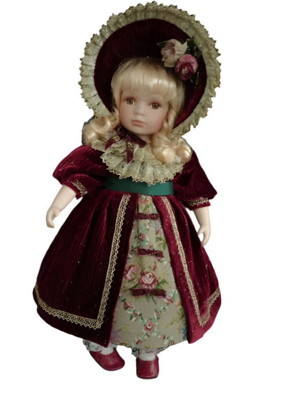 18" Burgundy & Gold Doll with Hat