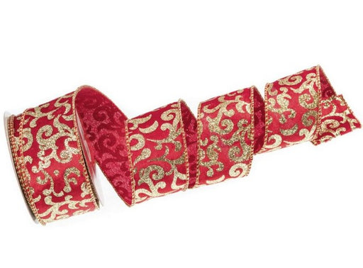 2.5" X 10 YD Red & Gold Swirl Ribbon