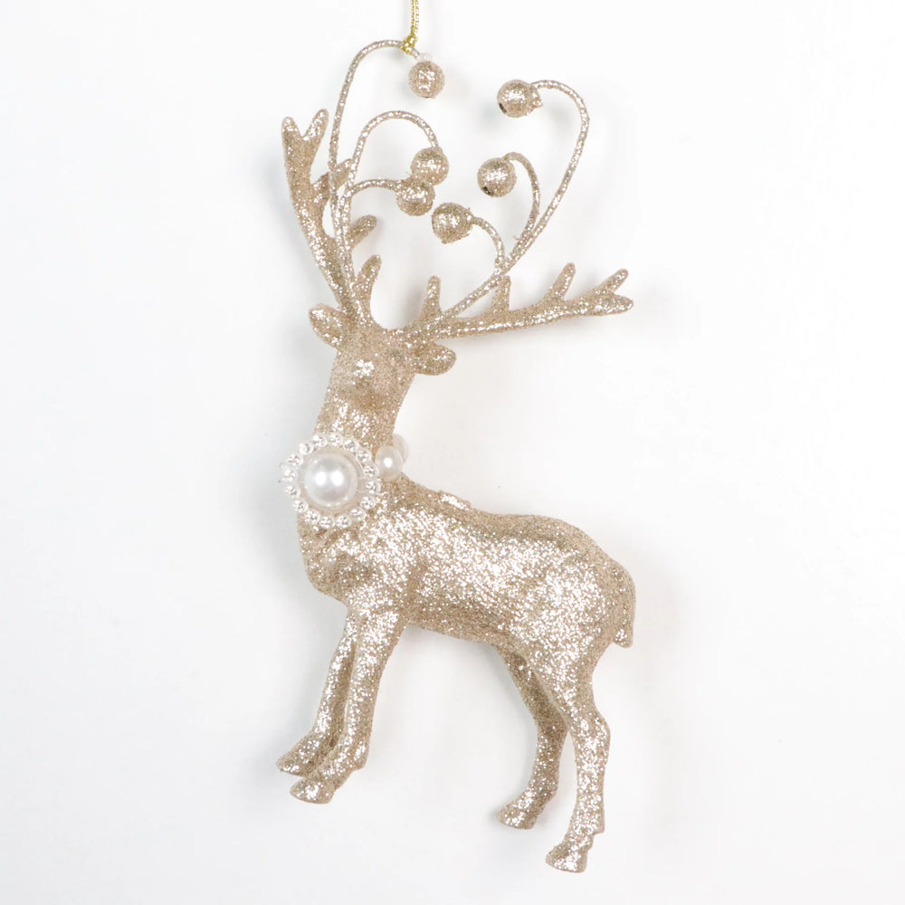 6" Platinum Pearl Deer Ornament With Jewels