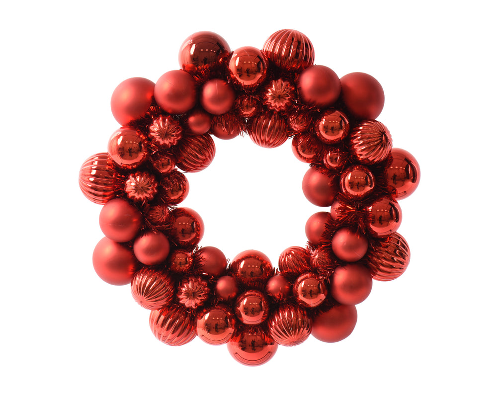 15" Christmas Red Shiny & Matte Shatterproof Ball Wreath
