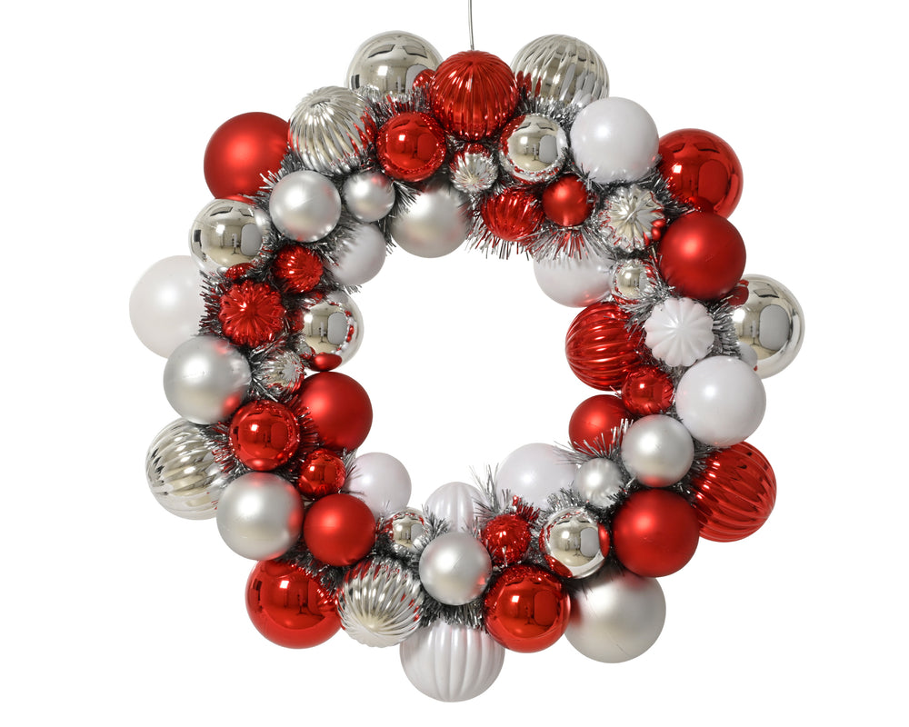 15" Red & White Shiny & Matte Shatterproof Ball Wreath