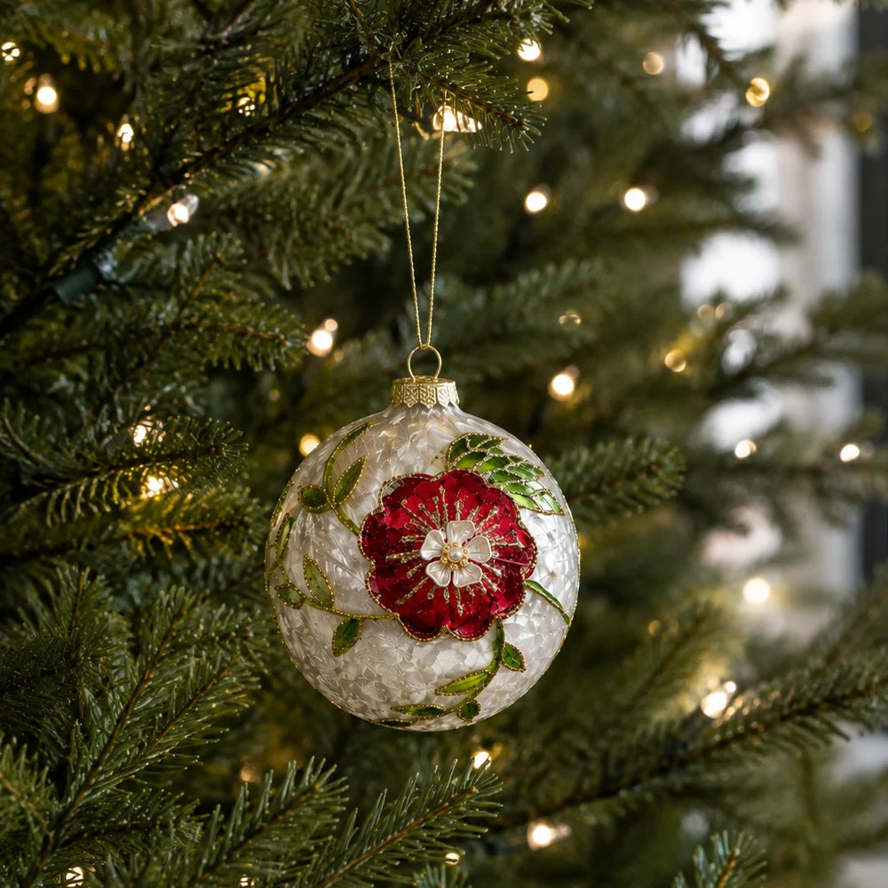 6" Ivory Holly Flower Ball Ornament