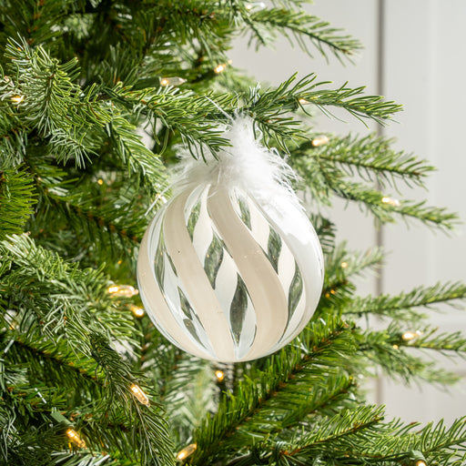 5" White Feathered Glass Ball Ornament