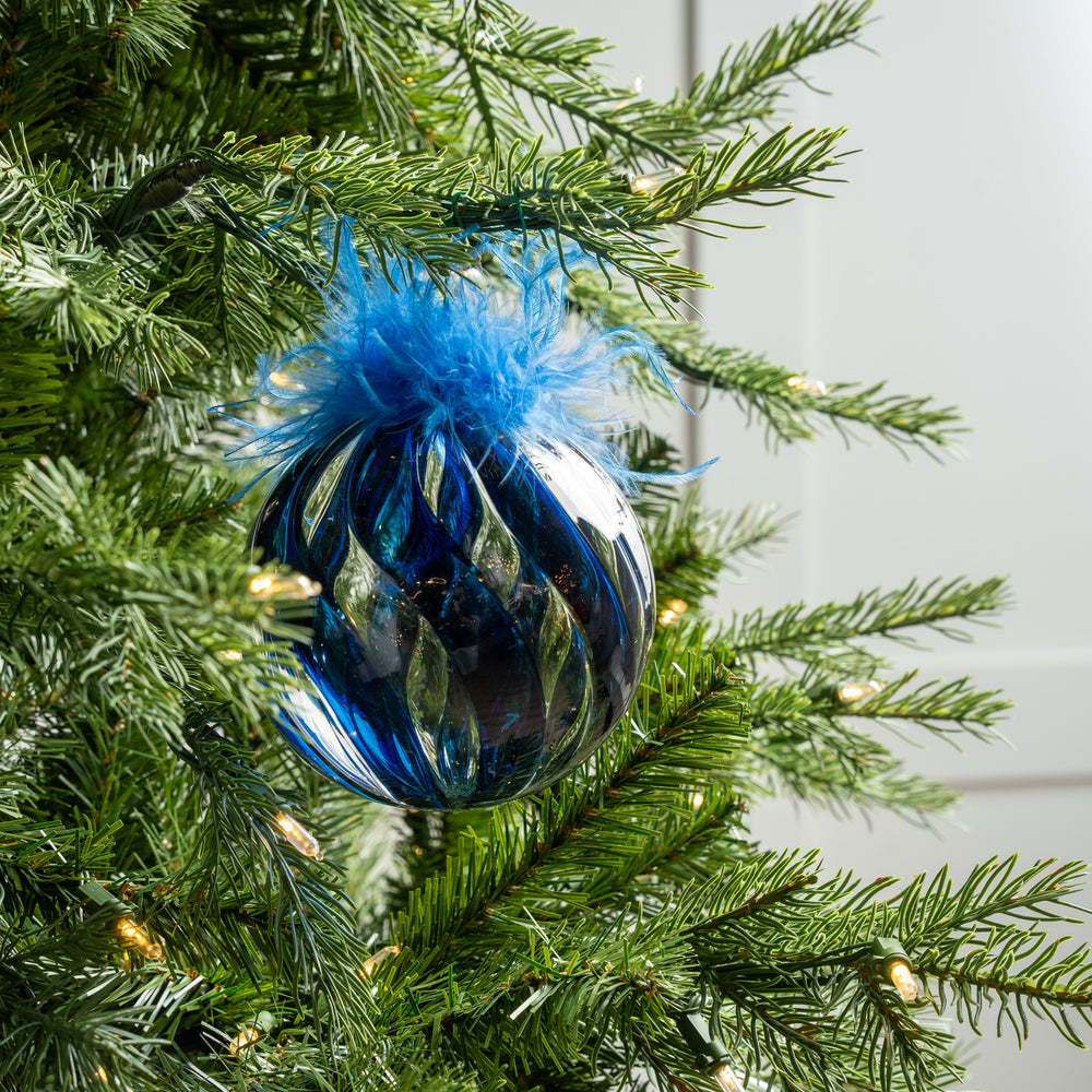 5" Blue Feathered Glass Ball Ornament