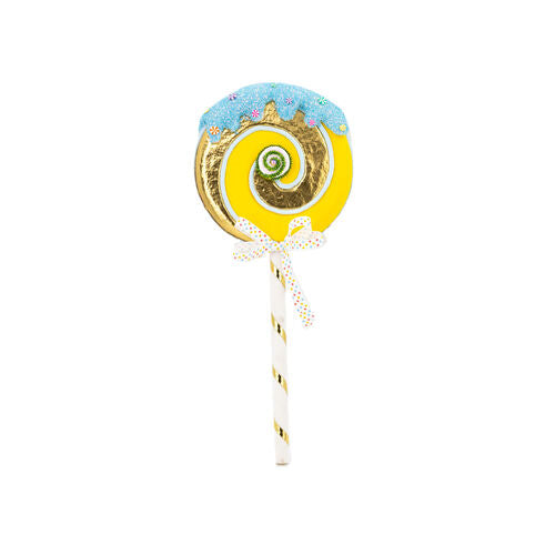 24" Yellow & Gold Swirl Lollipop Pick With Blue Icing