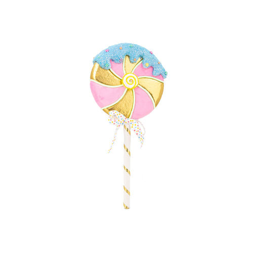 28" Pink & Gold Swirl Lollipop Pick With Blue Icing