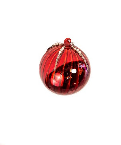 5" Red Glass Ball With White Beads Ornament