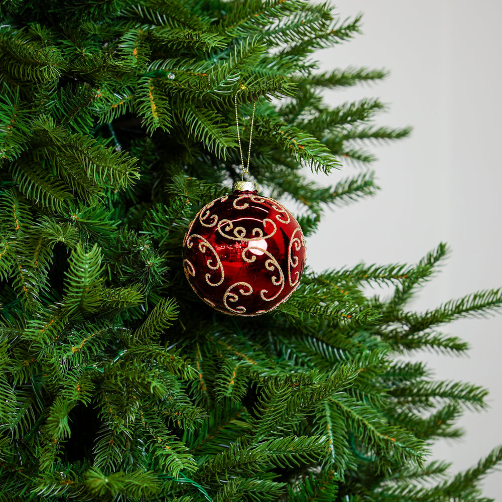 4" Red Gold Beaded Swirl Glass Ball Ornament