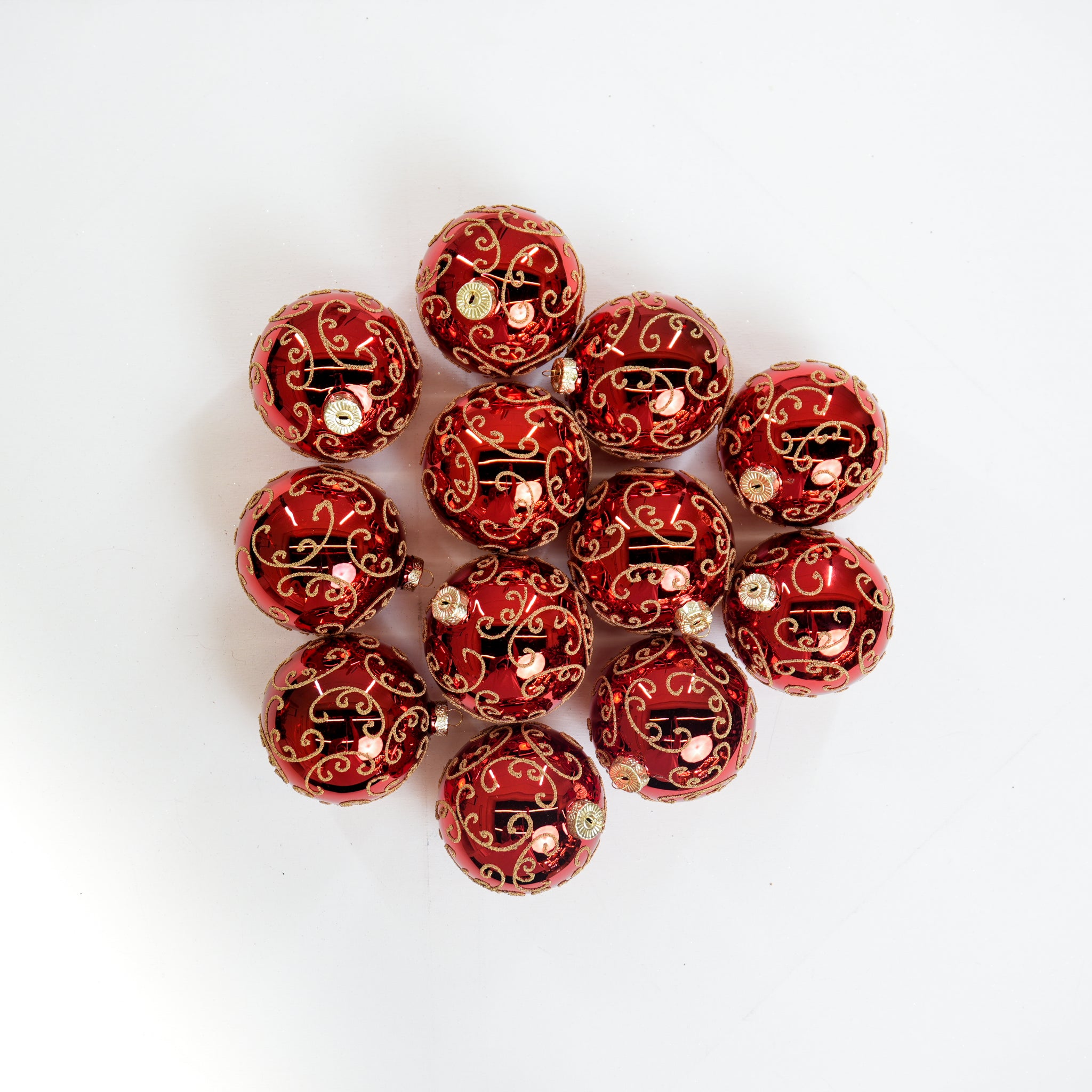 4" Red Gold Beaded Swirl Glass Ball Ornament