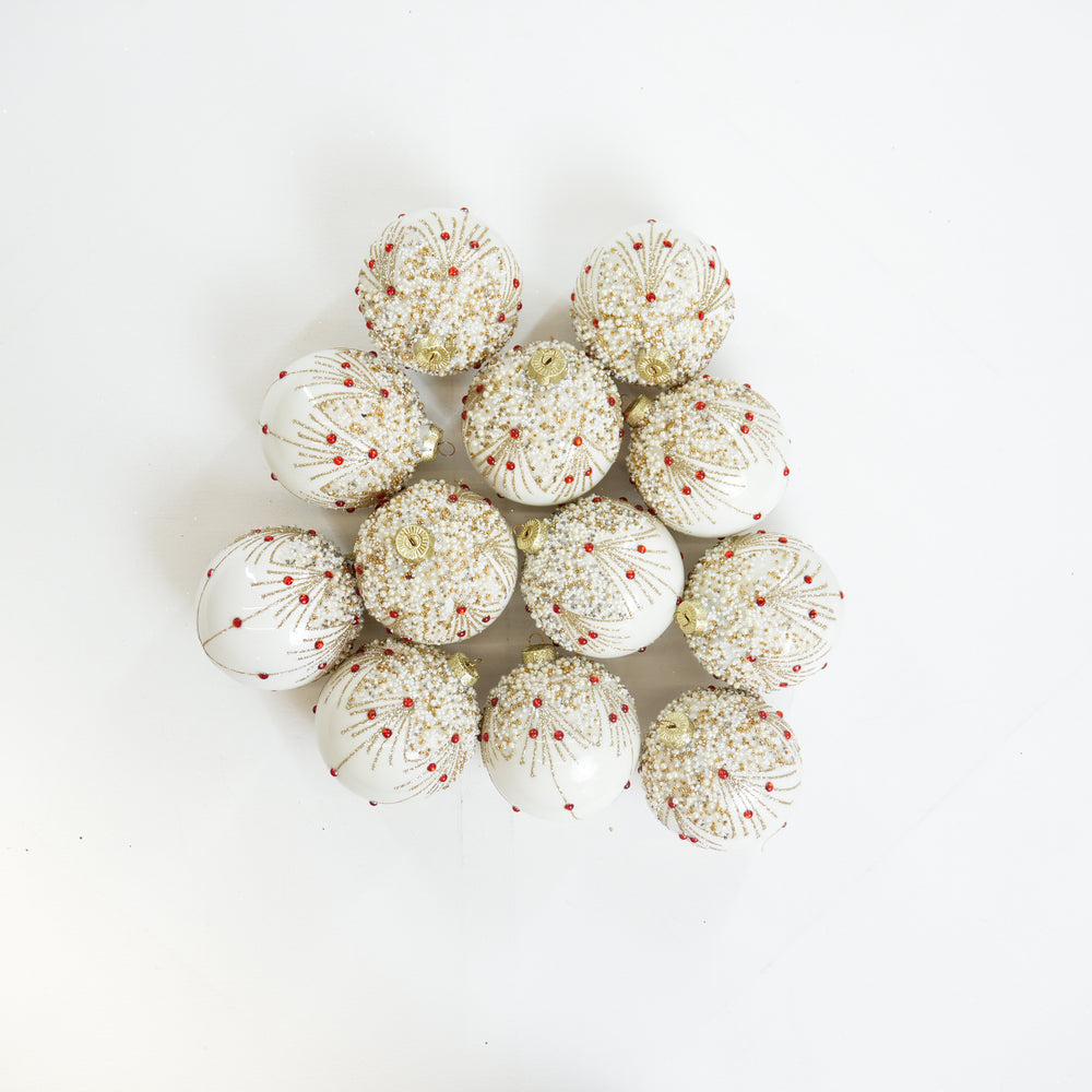 4" White Glitter & Beaded Glass Ball Ornament