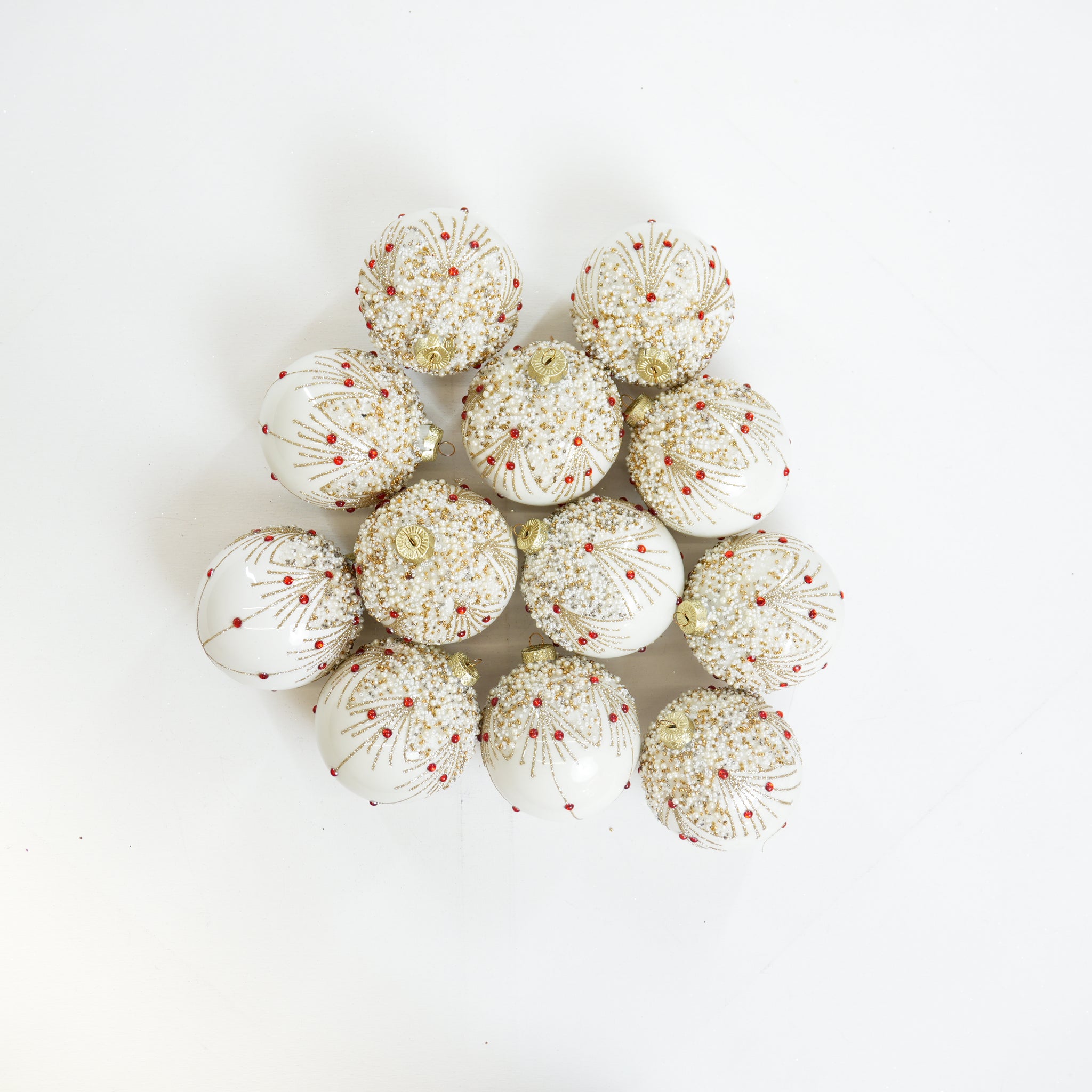 4" White Glitter & Beaded Glass Ball Ornament