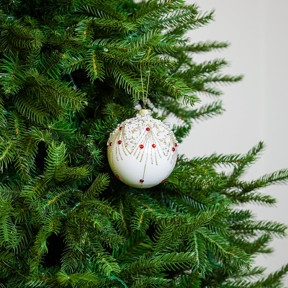4" White Glitter & Beaded Glass Ball Ornament