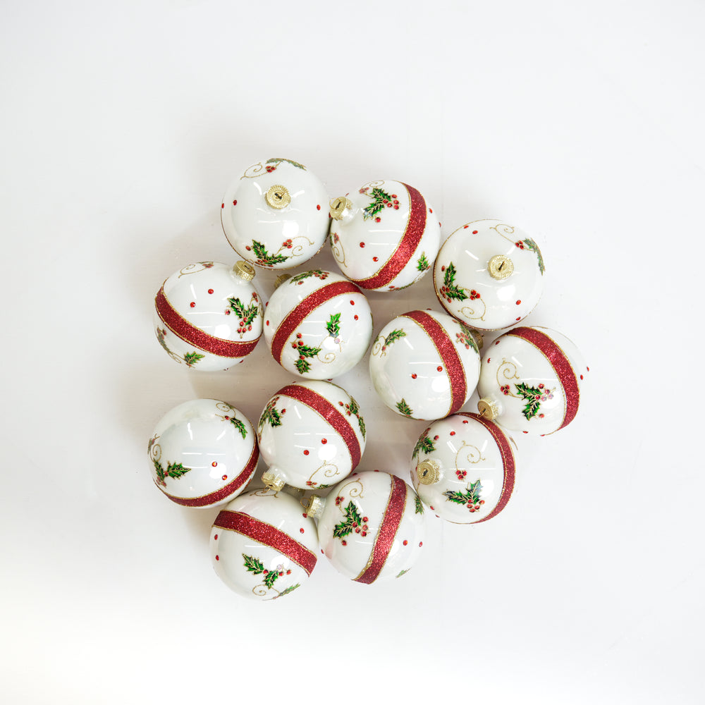 4" White Holly Red Beaded Glass Ball Ornament