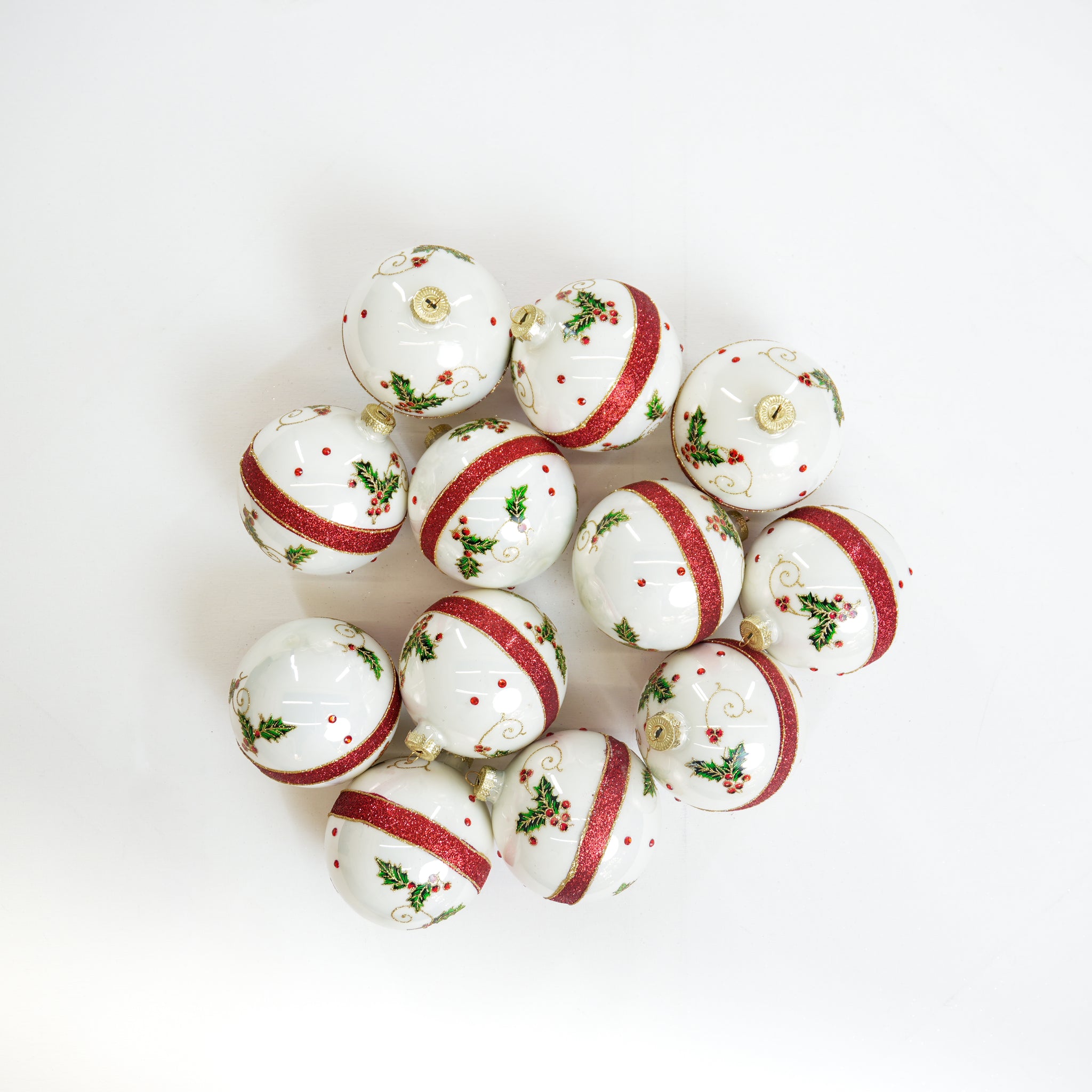 4" White Holly Red Beaded Glass Ball Ornament