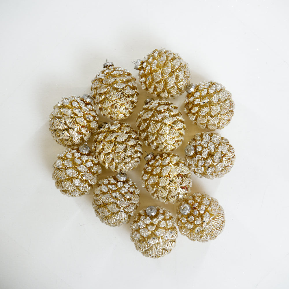4" Gold Frosted Sequin Pinecone Glass Ornament