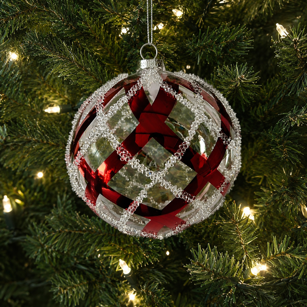 6" Clear Beaded Red Striped Glass Ball Ornament