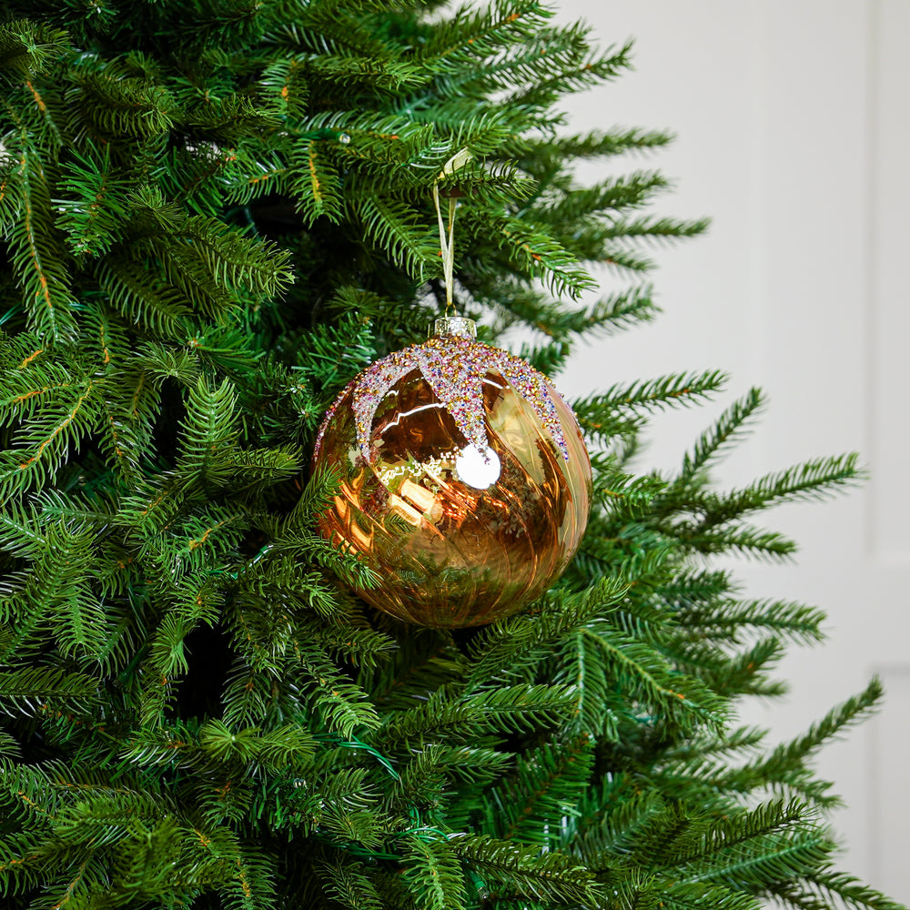 6" Amber Glitter Beaded Glass Ball Ornament