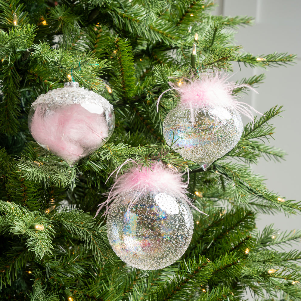 5" Crystal Pink Feather Assorted Glass Ornament