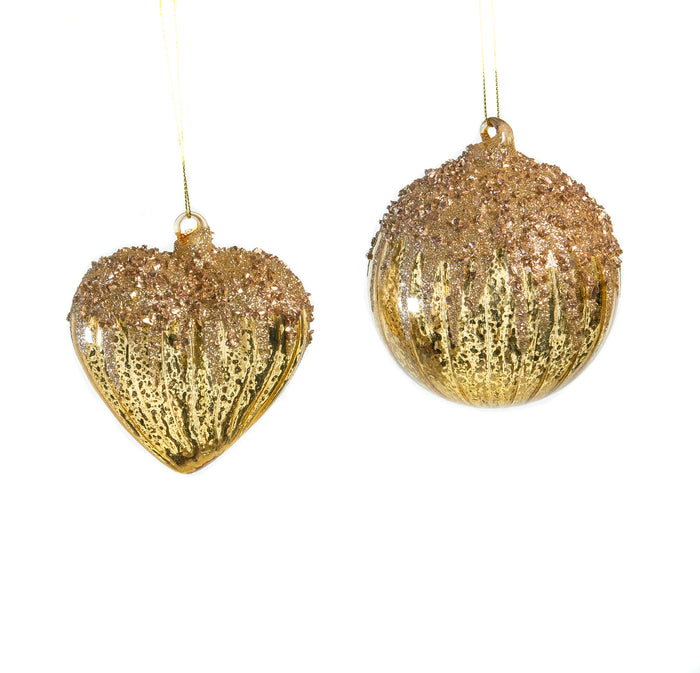 4" Gold Heart & Ball Glitter Assorted Glass Ornament