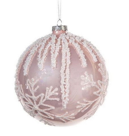 5" Pink With Glittered Snowflakes Glass Ornament