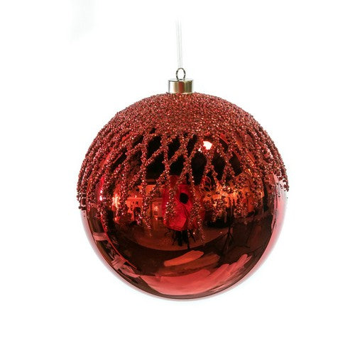 8" Red Lattice Glitter Ball Glass Ornament