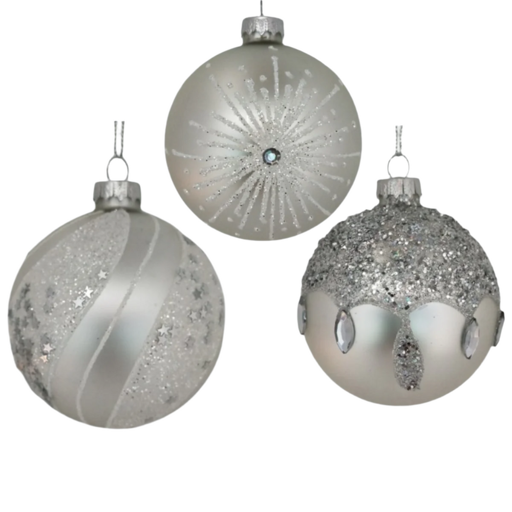 3" Matte Silver Glass With Glitter Assorted Ornament