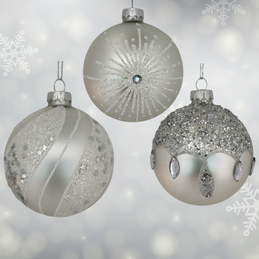 3" Matte Silver Glass With Glitter Assorted Ornament