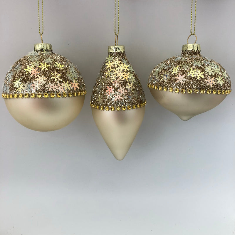 3" Champagne Beaded Assorted Glass Ornament