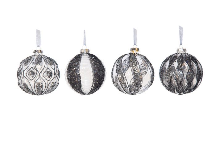 4" Clear Crystal & Black Glitter Assorted Glass Ornament