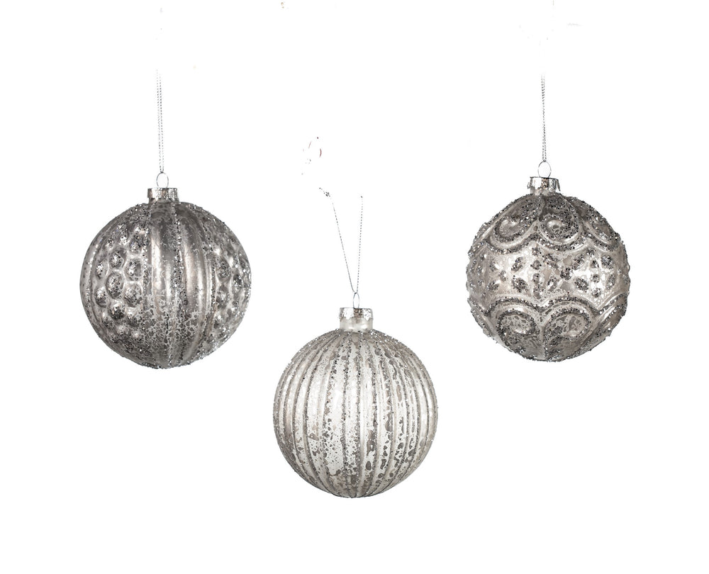 4" Silver Glittered Assorted Ball Ornament