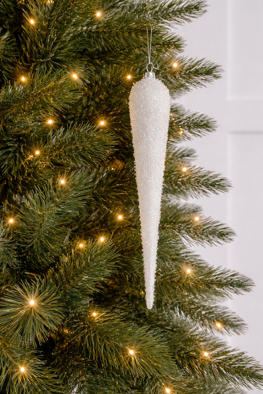 14" White Glitter Glass Finial Ornament