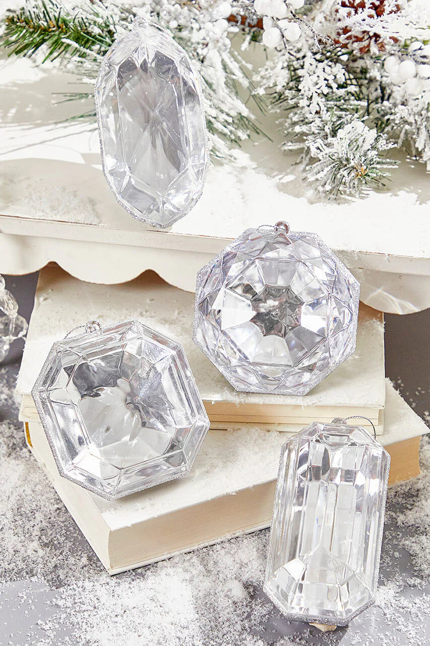 4" - 5" Silver Glitter Jewel Ornament Assorted