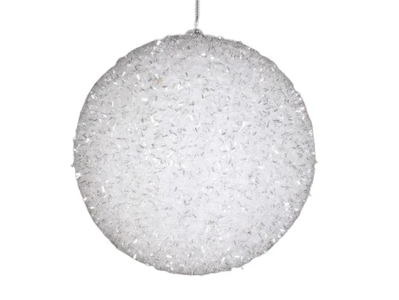 8" White & Silver Tinsel Ball Ornament