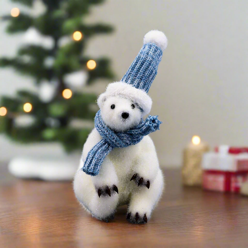 10" Sitting Polar Bear With Blue Scarf