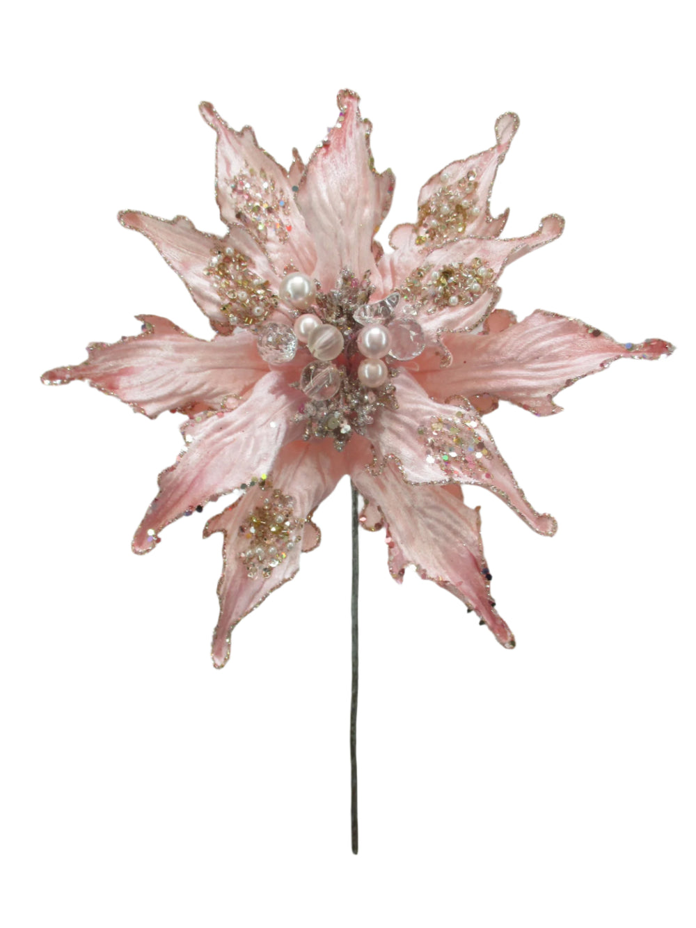 12" Pink Glitter Poinsettia Stem