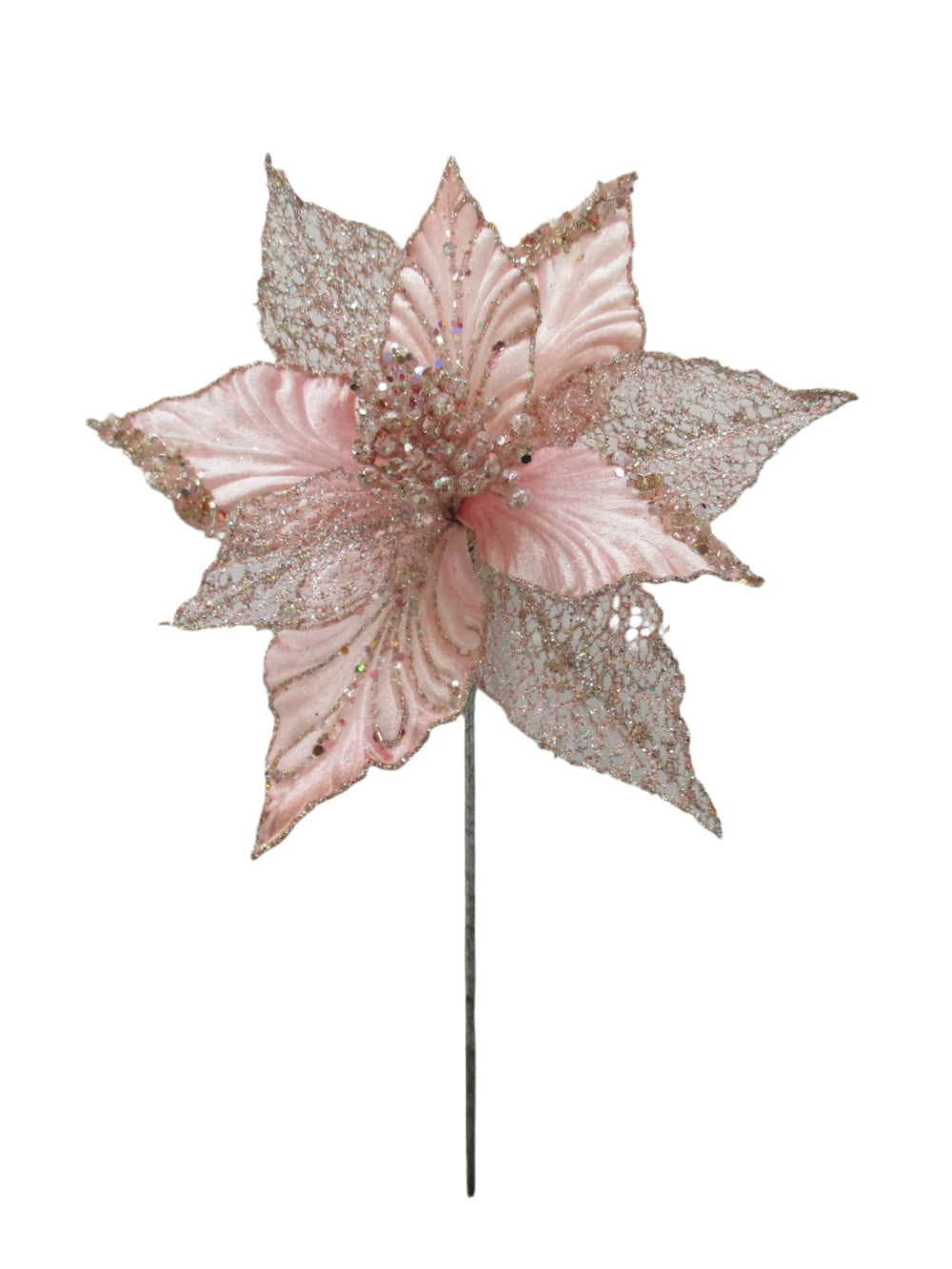 12" Pink Glitter Poinsettia Pick