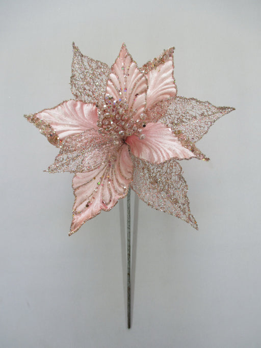 12" Pink Glitter Poinsettia Pick