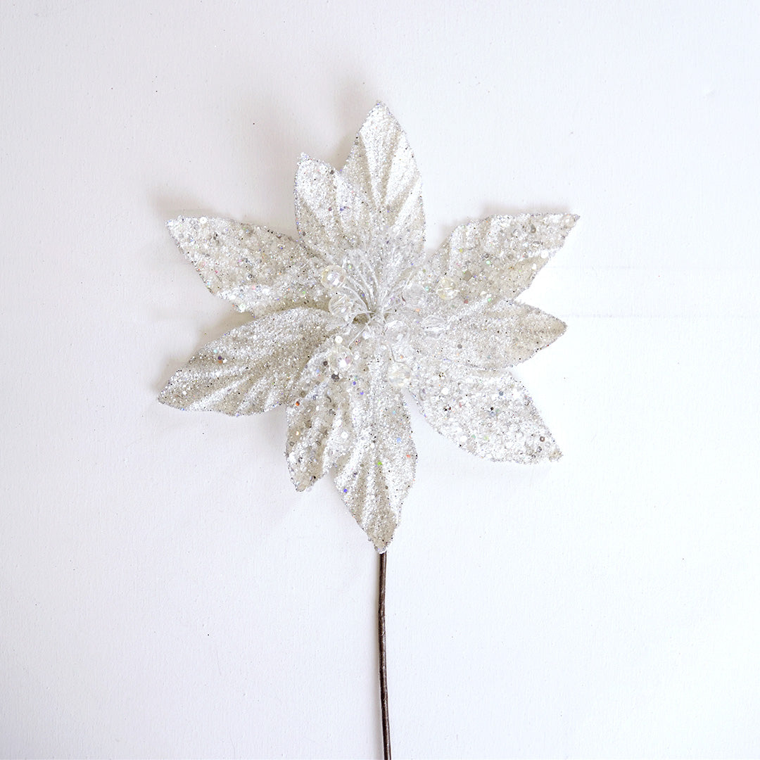 14" White Silver Poinsettia Stem