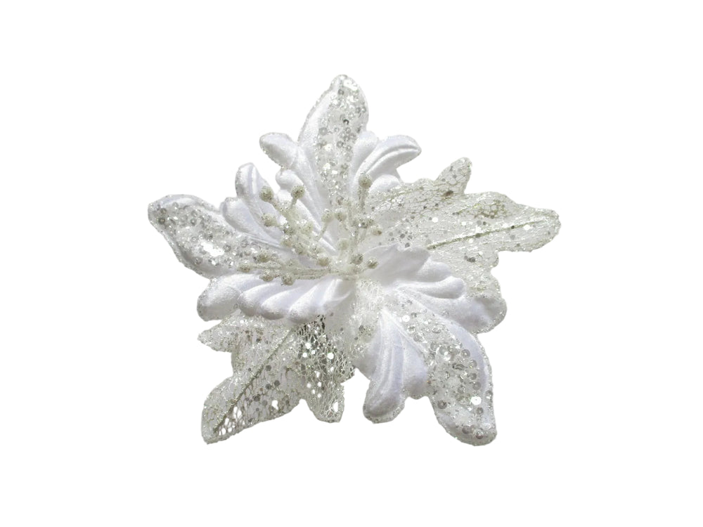 10" White Poinsettia Net Clip