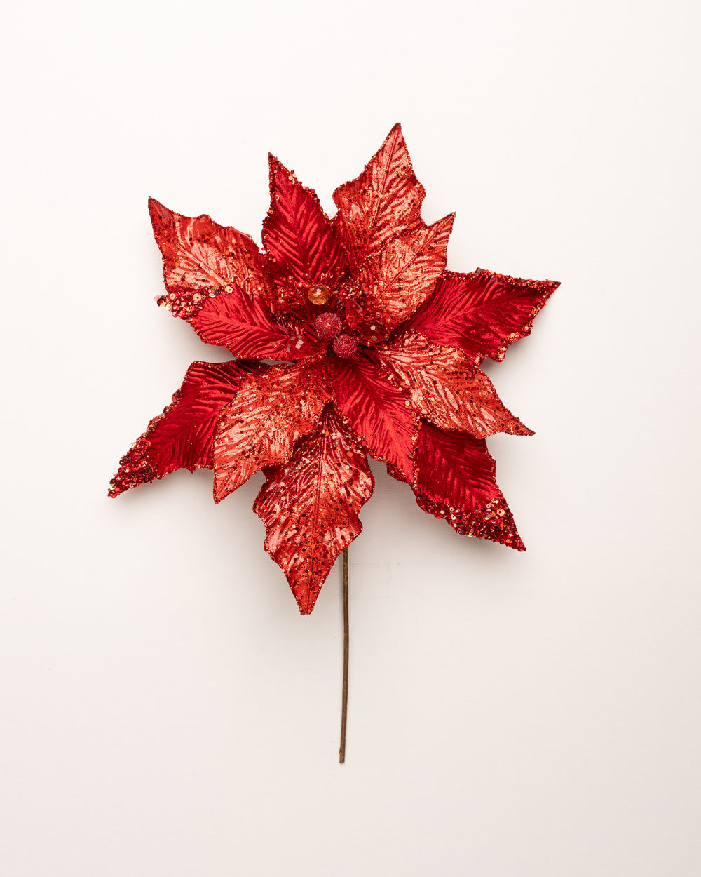 14" Red Glitter Poinsettia Pick