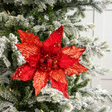 14" Red Glitter Poinsettia Pick
