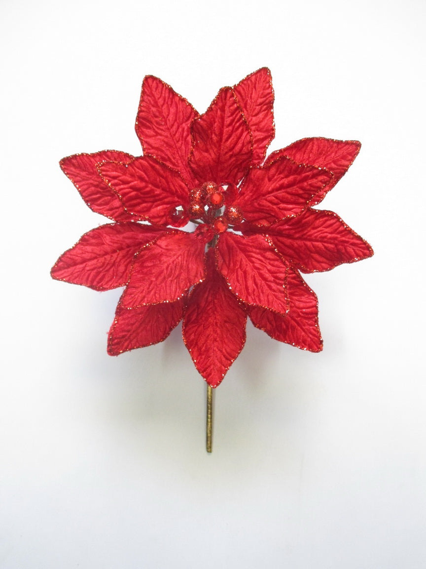 9" Velvet Poinsettia Pick