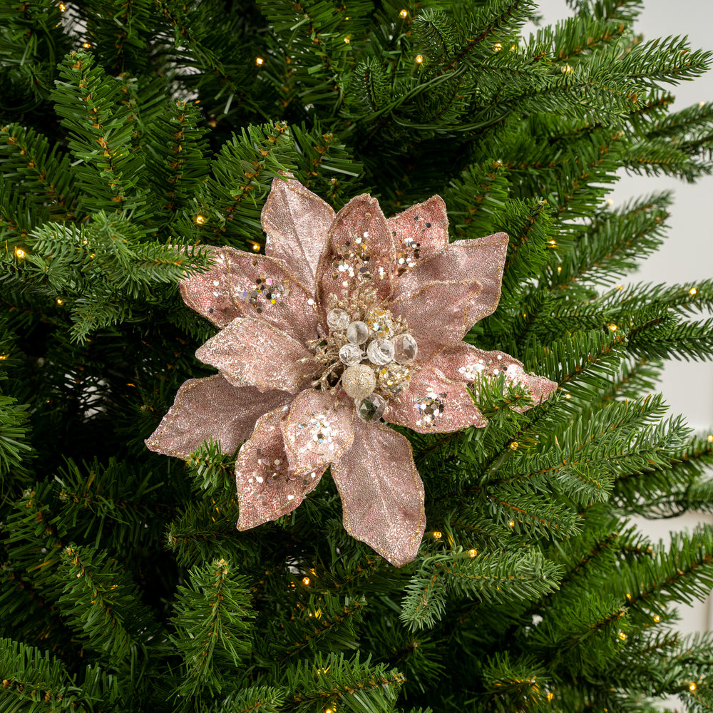 9" Pink Glittered Poinsettia Clip