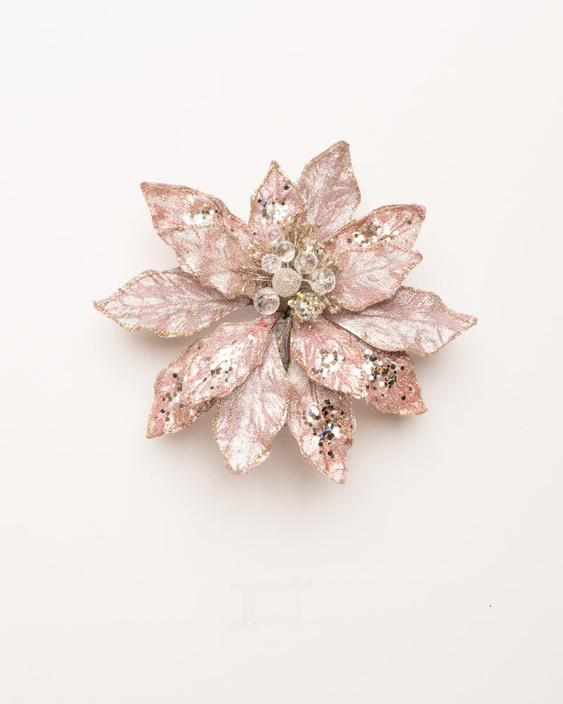 9" Pink Glittered Poinsettia Clip