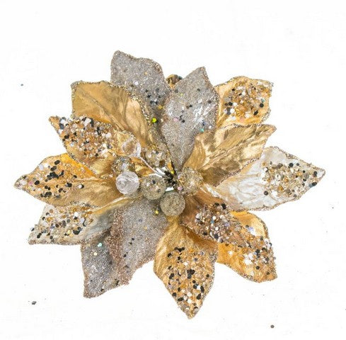 9" Gold & Platinum Poinsettia Clip